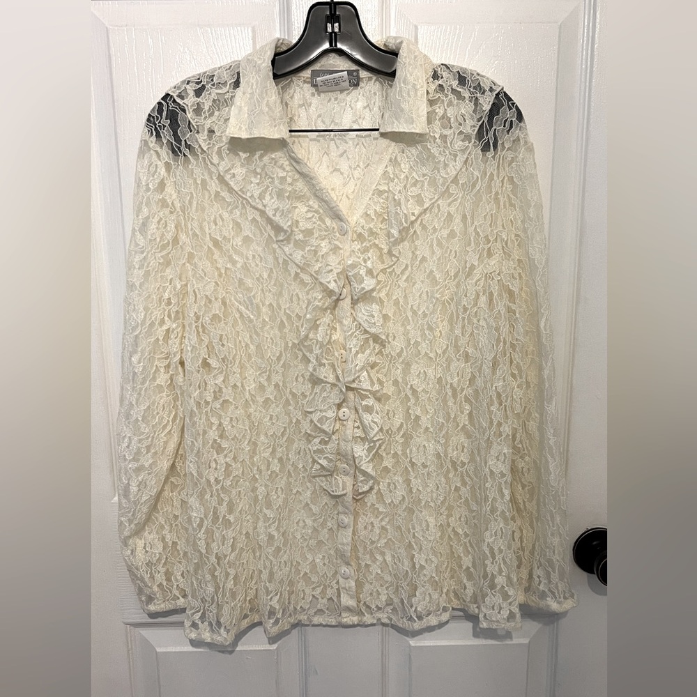 ULLA POPKEN Inspiration Vintage Ivory Lace Long Sleeve Ruffle Button Down Top